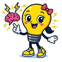 Cute yellow female ADHD appi lightbulb character - smiling and pointing to brain