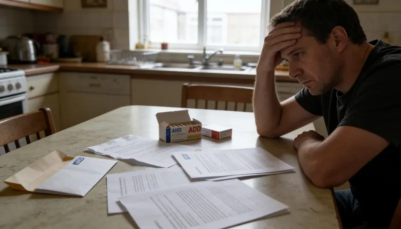 Illustration of ADHD medication, NHS paperwork and GP shared care documents, representing ADHD shared care agreements in the UK