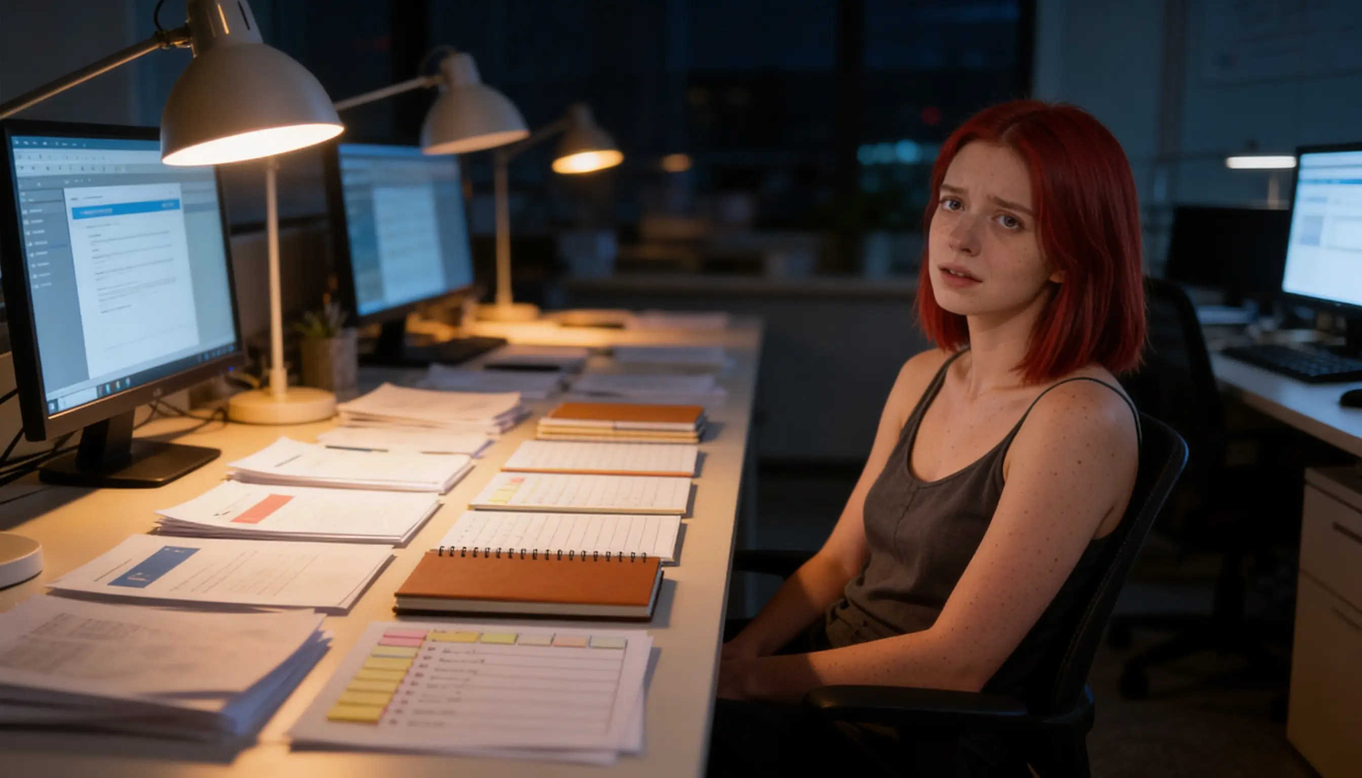 An exhausted professional sitting at a desk with unfinished work during ADHD burnout recovery at work.