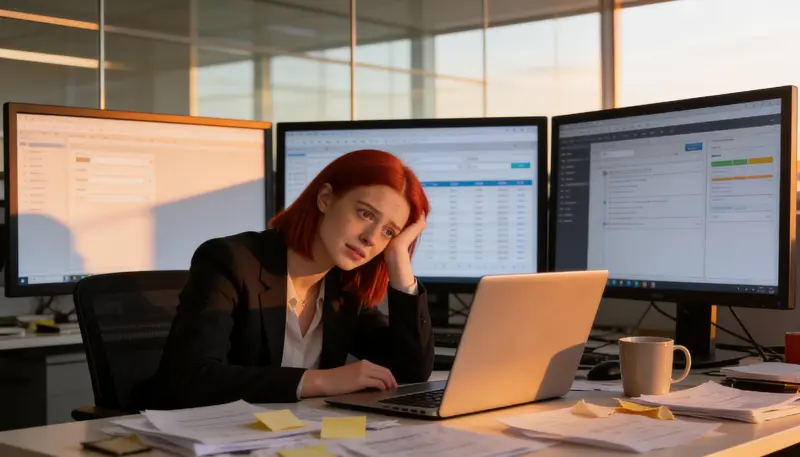 A tired adult at a desk surrounded by emails, notes and unfinished work, representing ADHD burnout symptoms at work.
