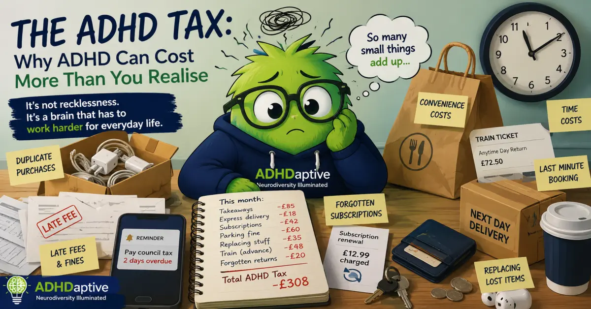 ADHDappi character surrounded by the small everyday costs of ADHD, including late fees, duplicate purchases, subscriptions and last-minute travel