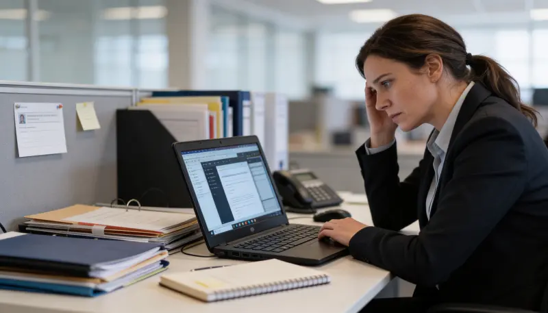 Burnout in professional services roles showing overwhelmed office worker managing multiple demands