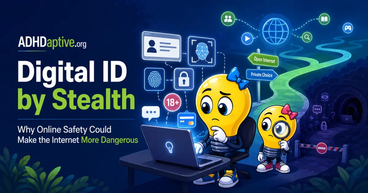 ADHDaptive cover image representing digital ID by stealth, online safety age checks, privacy risk and neurodivergent access online