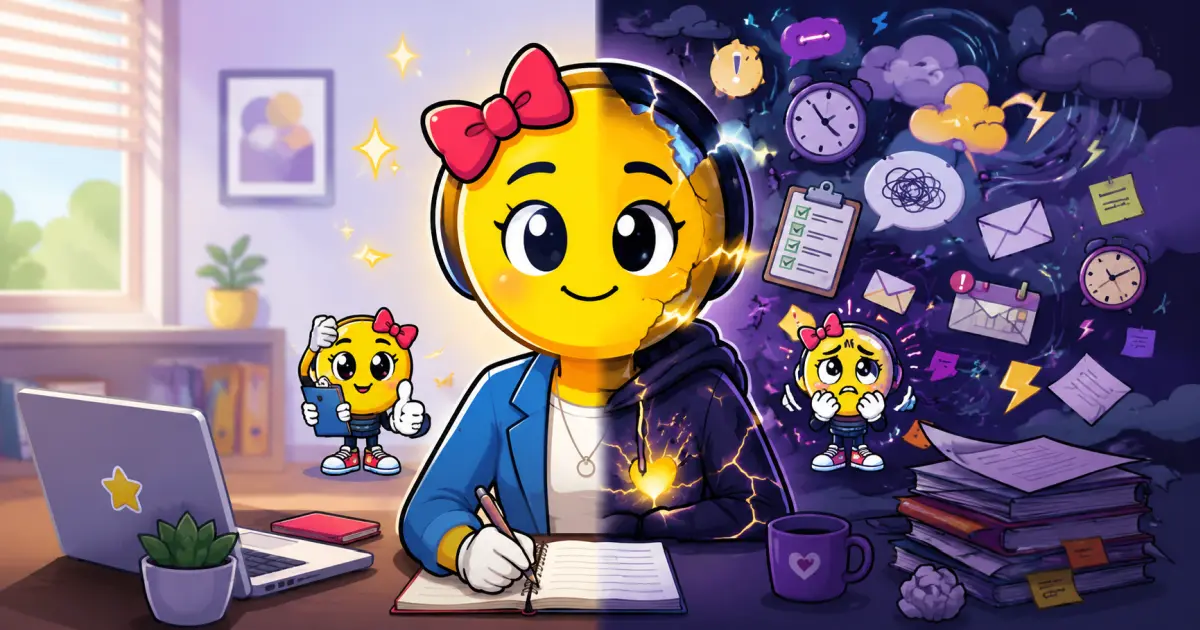 ADHDappi character appearing calm and capable while hidden pressure, unfinished tasks and mental overload build behind the scenes