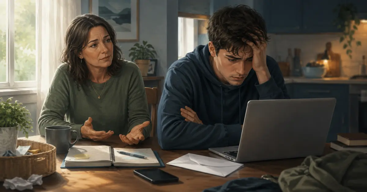 Parent and young adult sitting apart in a calm home setting, showing the tension between ADHD support, independence and unwanted advice