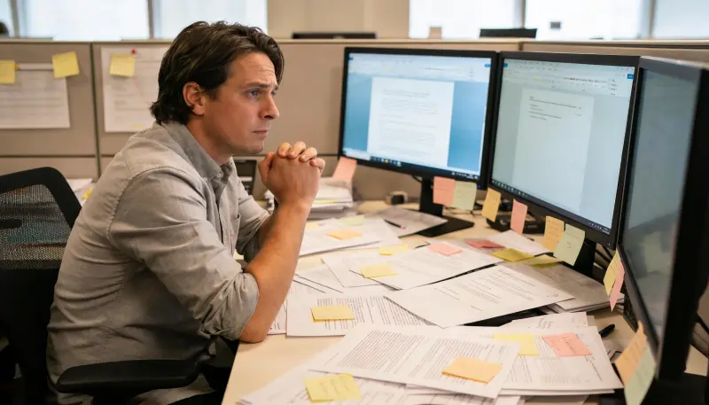 Person sitting at desk surrounded by incomplete tasks and notes, showing pressure without control at work