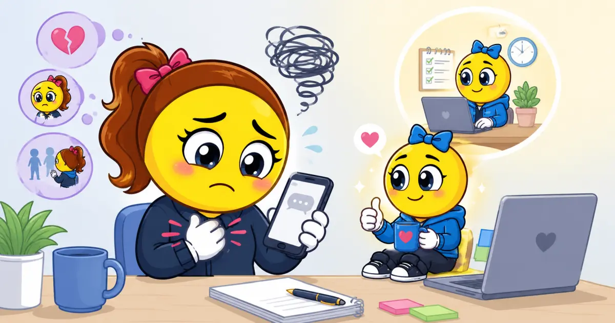 ADHDappi character feeling hurt and anxious after reading a short message, with calm support nearby