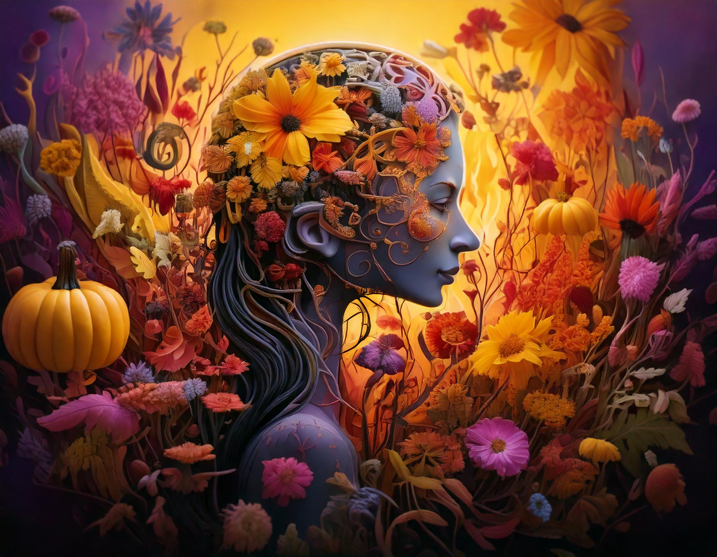 A woman with a face painted like a skull, adorned with flowers, poses against a colorful background, embracing the festive spirit of Halloween.
