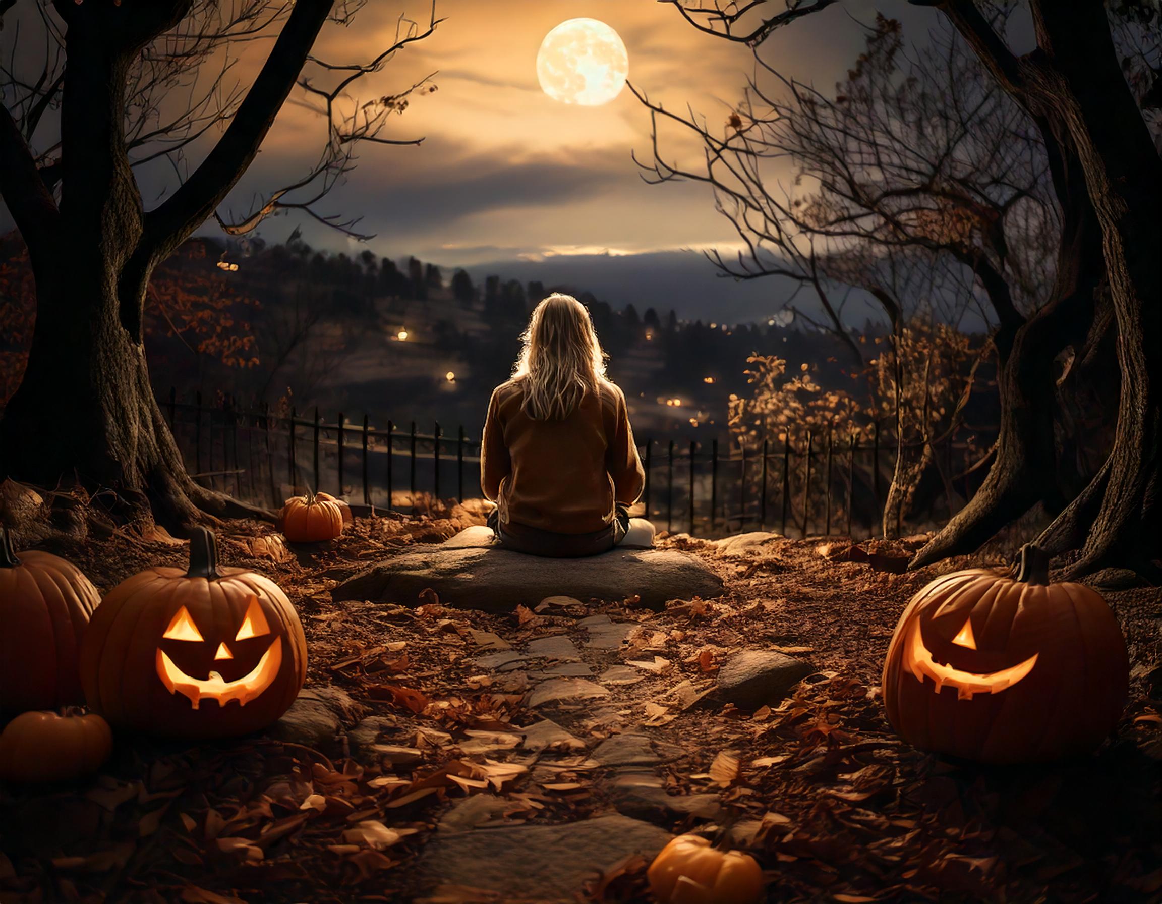 A figure sits quietly on a path surrounded by glowing pumpkins under a full moon, creating a tranquil yet eerie Halloween atmosphere.