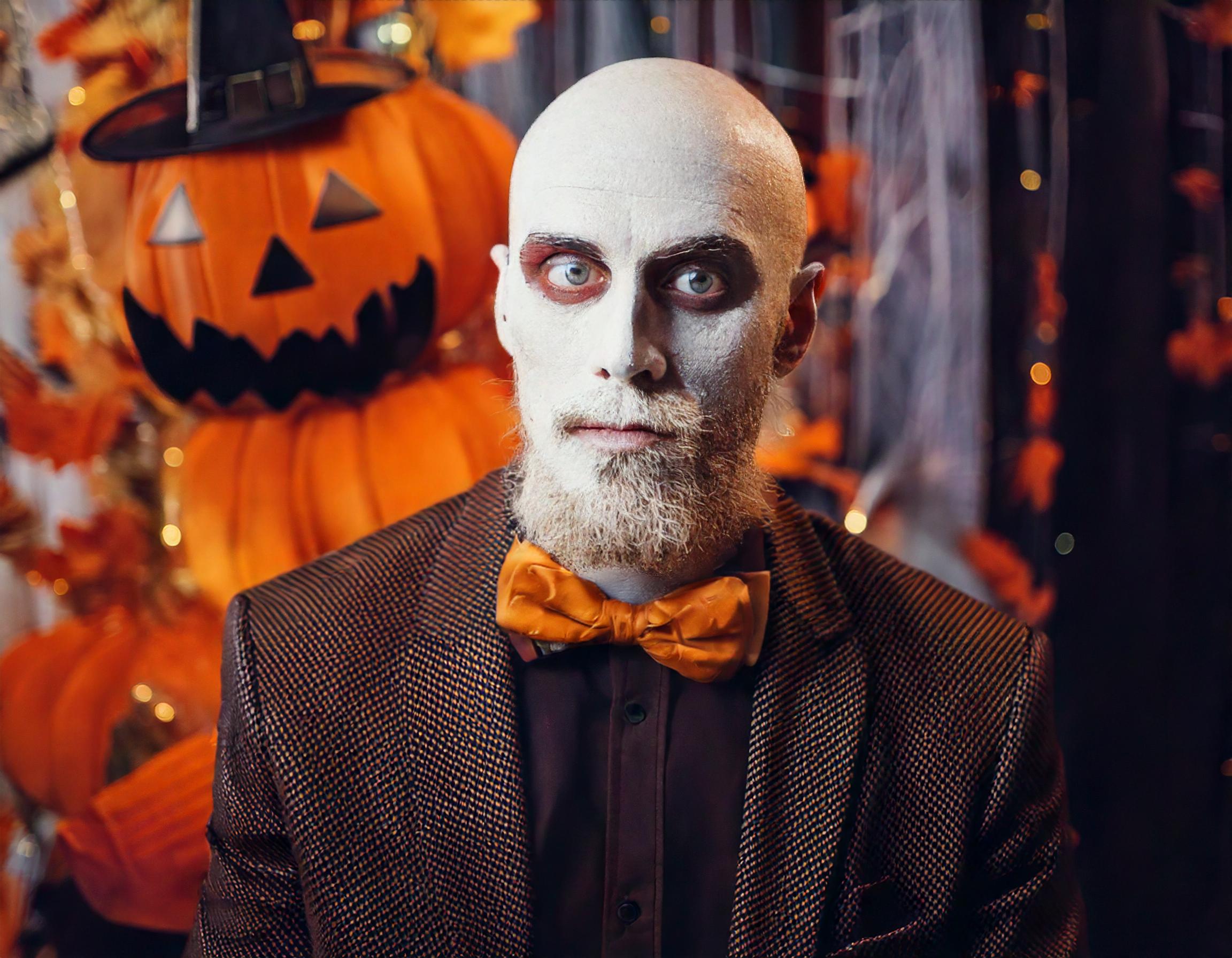 A man with a painted white face and dark eye circles dressed in a textured brown suit jacket and orange bow tie, standing in front of Halloween decorations, including carved pumpkins and autumn leaves, creating a spooky, festive atmosphere.
