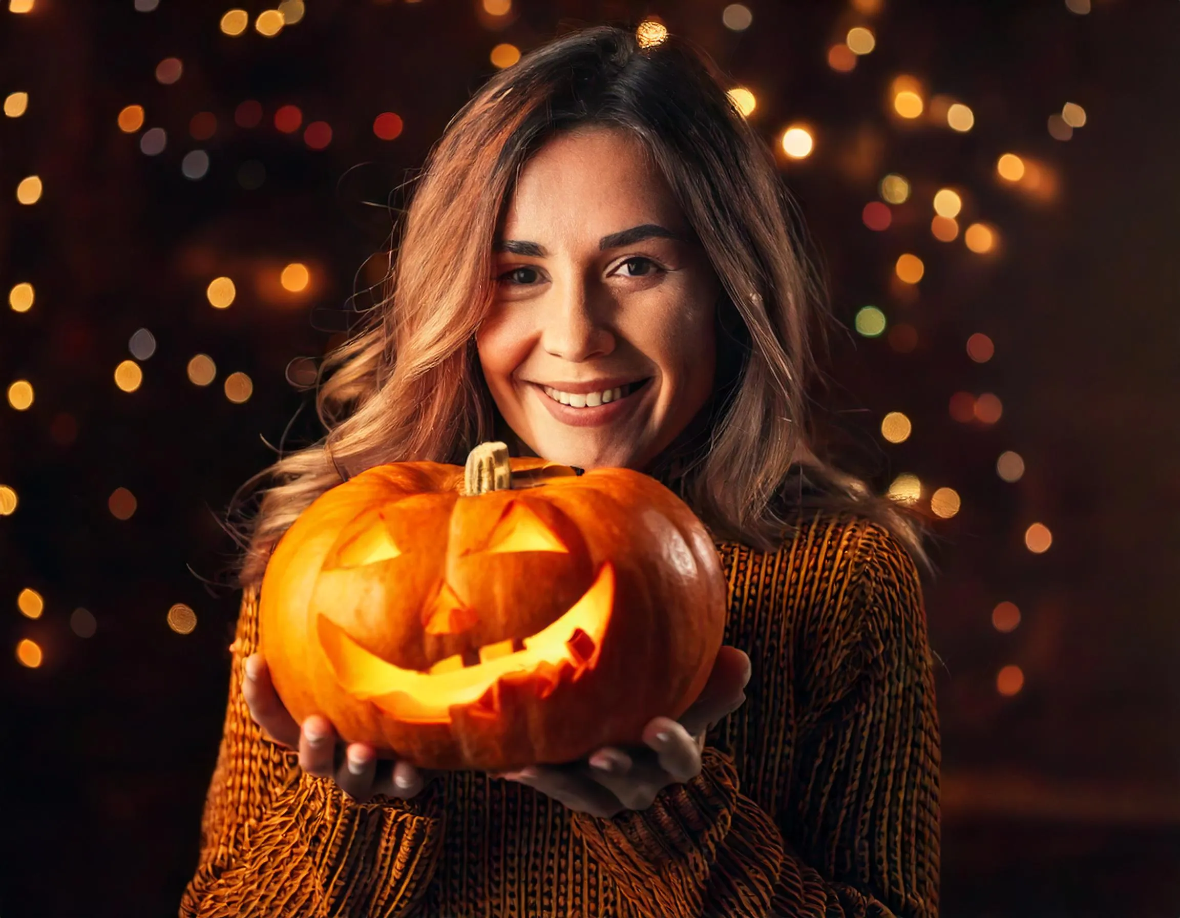 A smiling woman holding a glowing carved pumpkin in her hands, with a background of warm, blurred lights creating a cozy, festive Halloween ambiance.