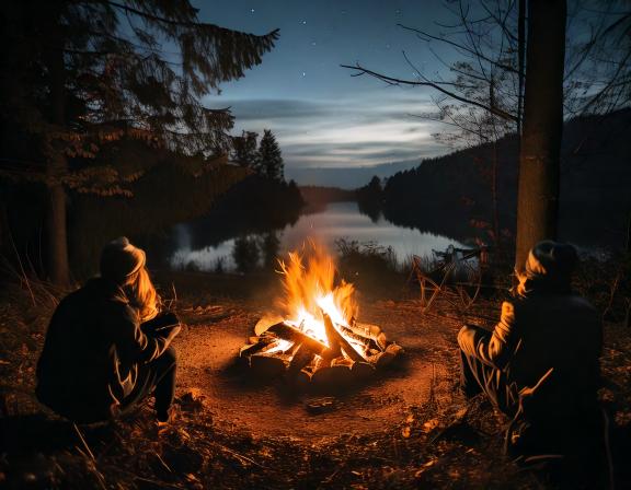 Two individuals sitting by a warm campfire under a starry night sky, surrounded by trees and a calm lake.