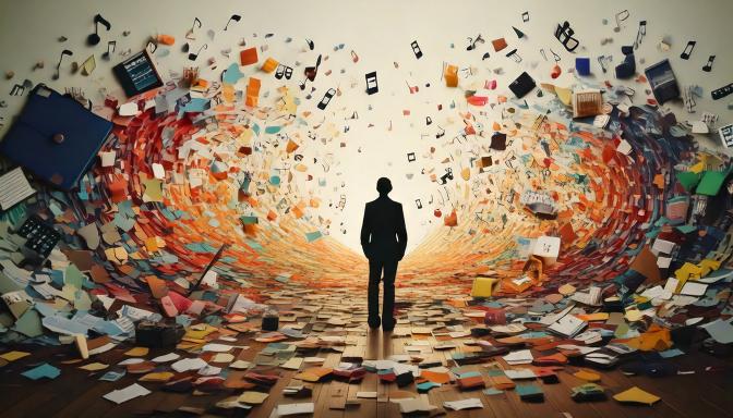 Silhouette of a person walking through a chaotic whirlwind of scattered objects like papers, books, and gadgets, symbolising the internal conflict of living with AuDHD.