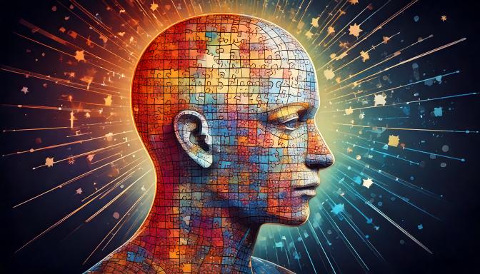 Profile of a human head made of interlocking puzzle pieces, radiating colourful light and patterns, symbolising the complexity of neurodivergence.