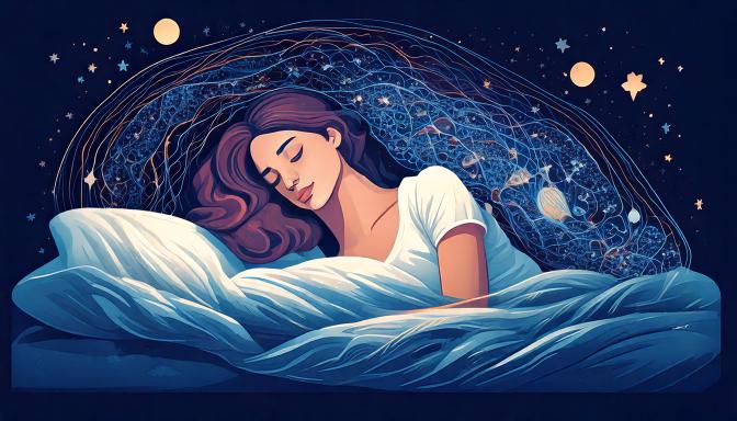 Serene illustration of a woman peacefully sleeping under a starry sky.
