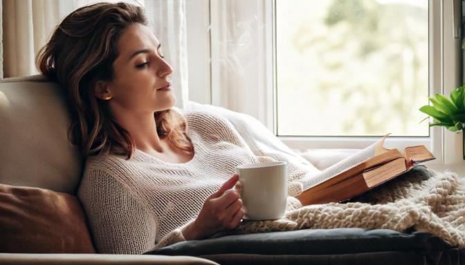 Woman relaxing with a book and cup of tea by a window.