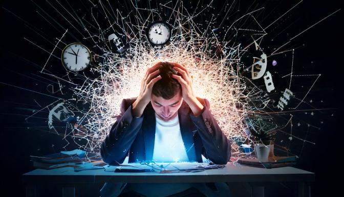 Man overwhelmed by chaos, representing sleep deprivation and ADHD struggles.