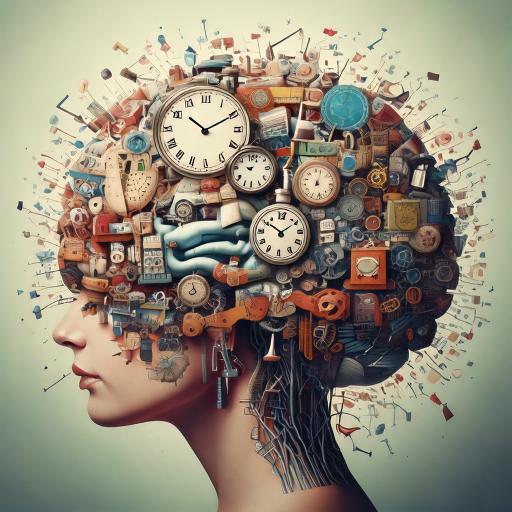 Living with ADHD: A conceptual illustration of an ADHD brain depicted as a profile of a person filled with a chaotic yet intricate collection of objects, including clocks, gears, and various symbols, representing a busy and multifaceted mind.