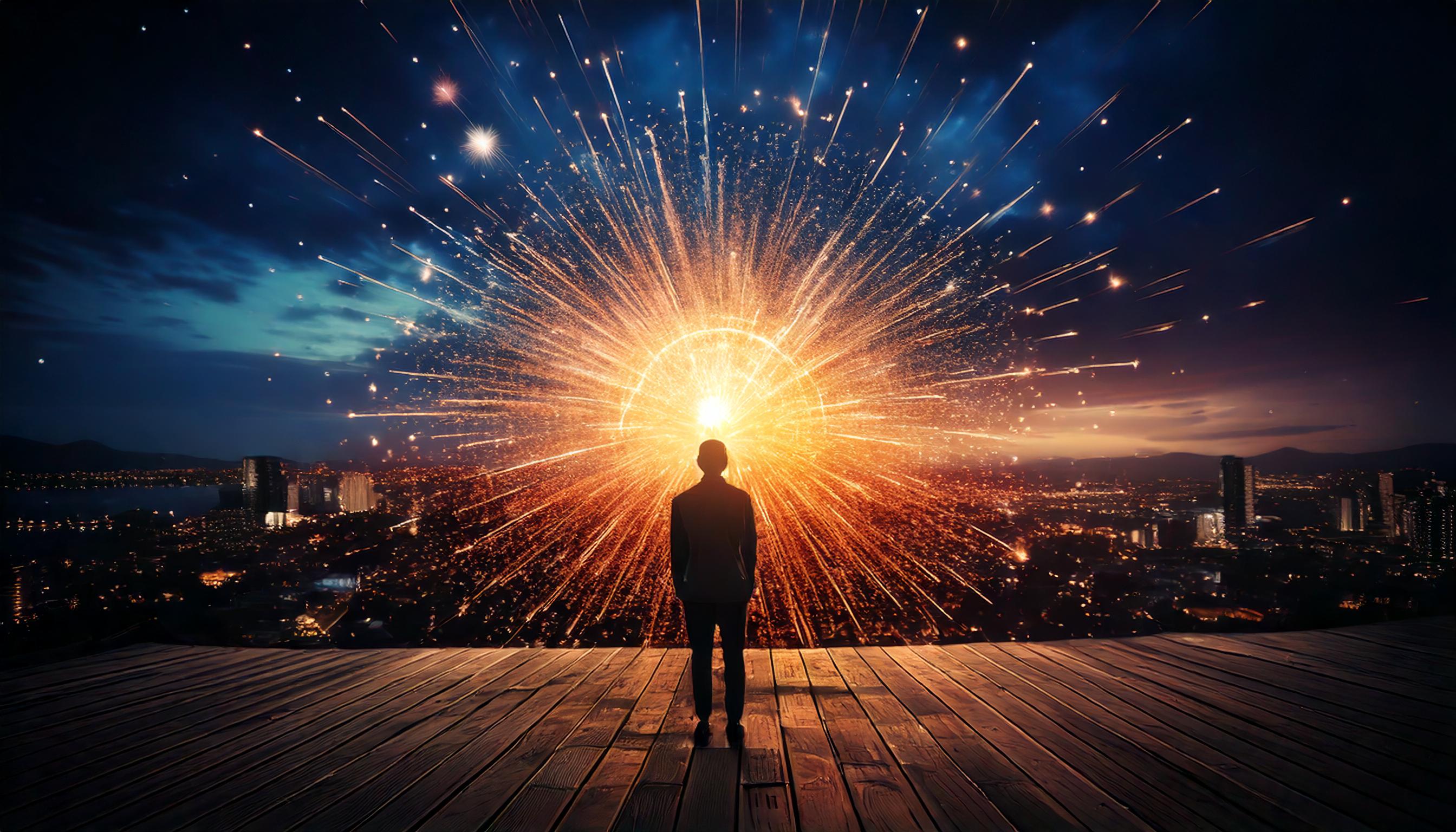 Silhouette of a person standing on a wooden platform, gazing at a brilliant explosion of light and sparks against a cityscape at night
