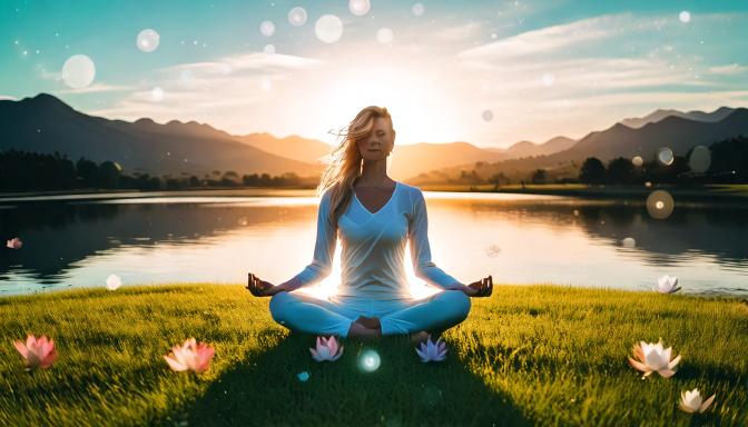 Person meditating peacefully in a serene natural environment by a calm lake, surrounded by floating lotus flowers and glowing sunlight.