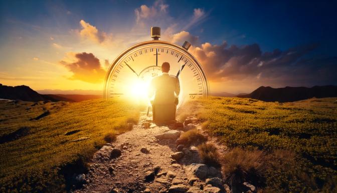 Surreal image of a man walking through a sunlit path with a giant stopwatch framing the scene, symbolizing the concept of time and productivity