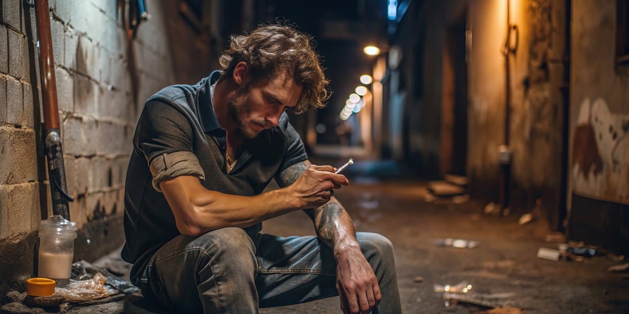Man sitting in a dimly lit alleyway, deep in thought, holding a syringe, symbolising struggle and despair.