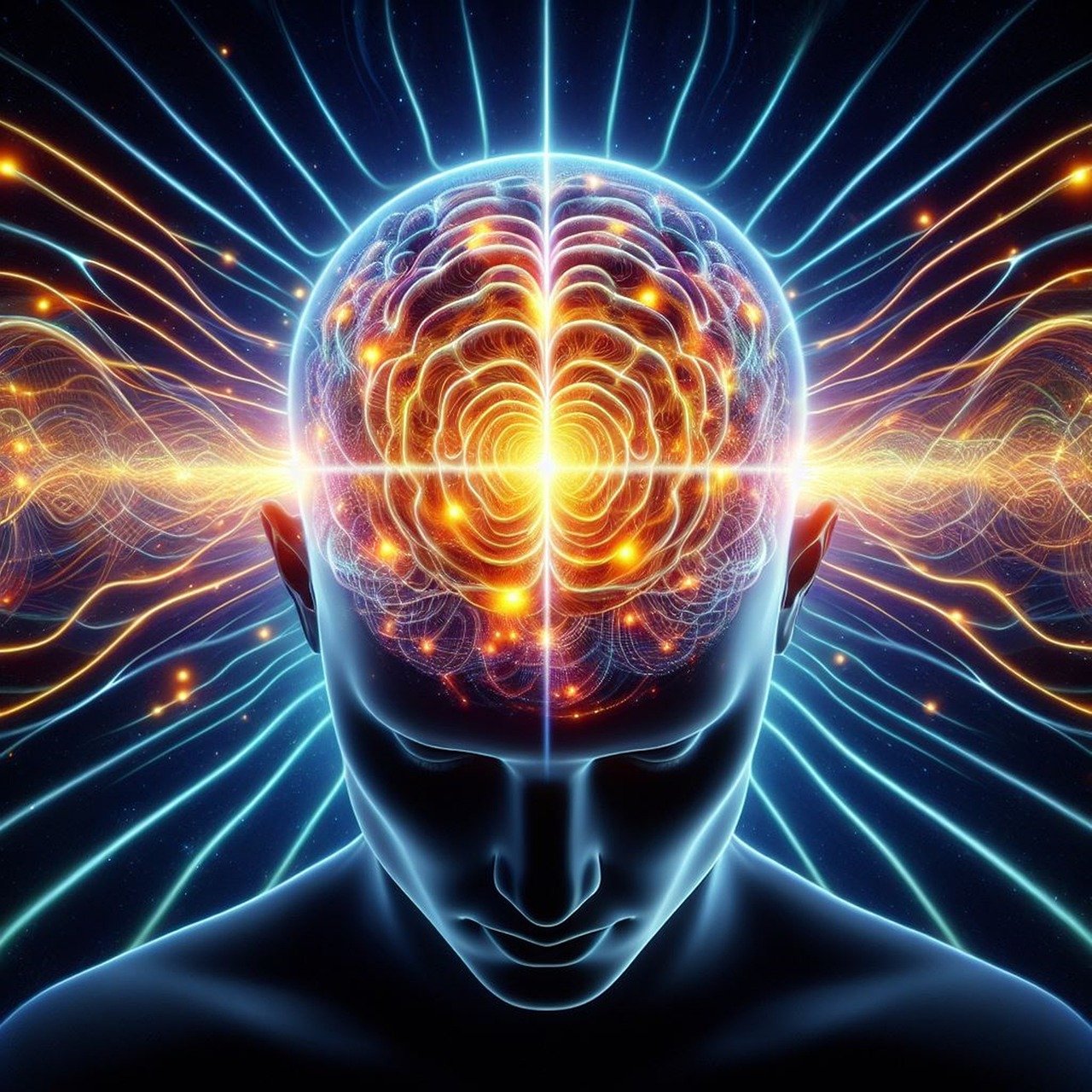 Visual representation of a glowing human brain with vibrant neural pathways radiating energy and connection.
