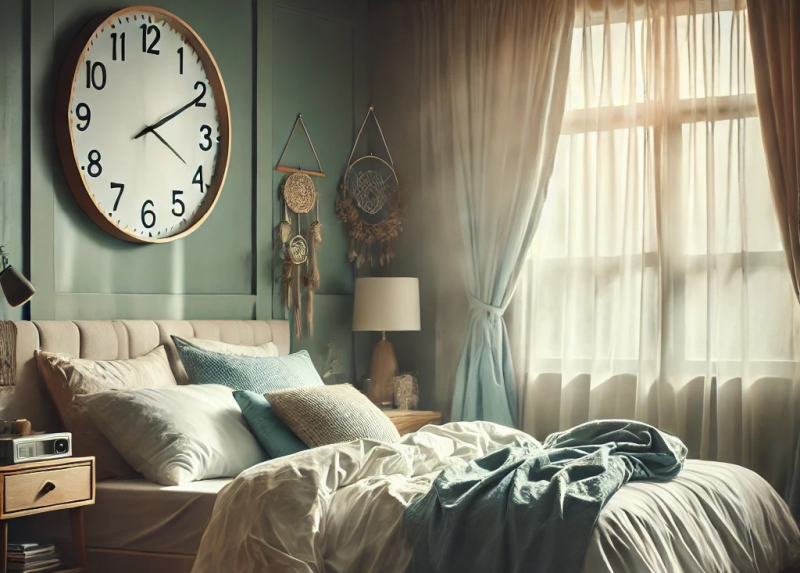  Bedroom with daylight and clock showing 4 PM