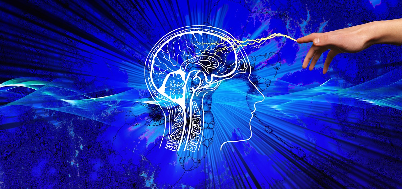 Abstract illustration of a human brain with neural pathways, set against a radiant blue background with a hand reaching out, symbolising connection and thought.