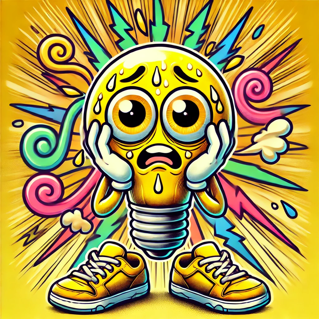 Cartoon lightbulb character with big, anxious eyes and yellow sneakers, holding its face in panic with sweat droplets, surrounded by chaotic colourful swirls and zigzags to represent fear and overwhelm.