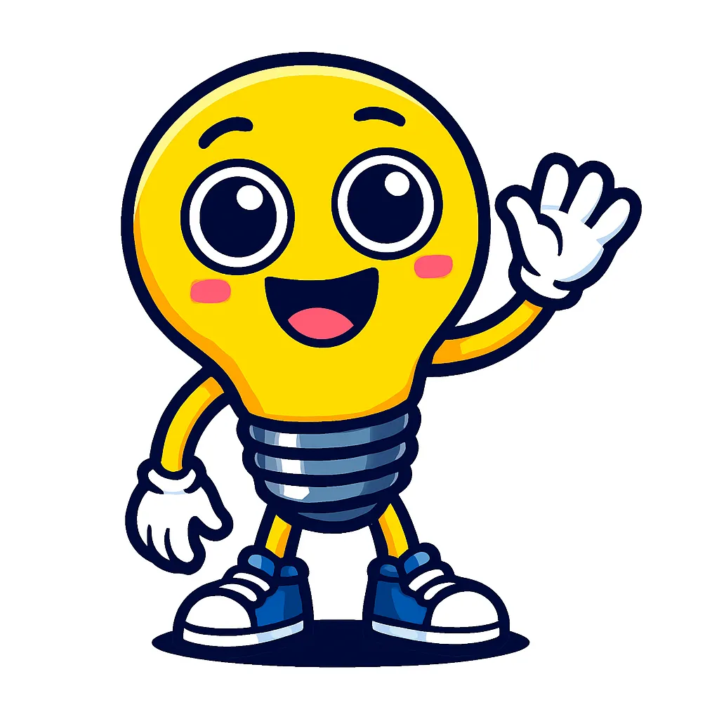ADHDappi, a cartoon lightbulb character, smiling and waving with a cheerful expression.