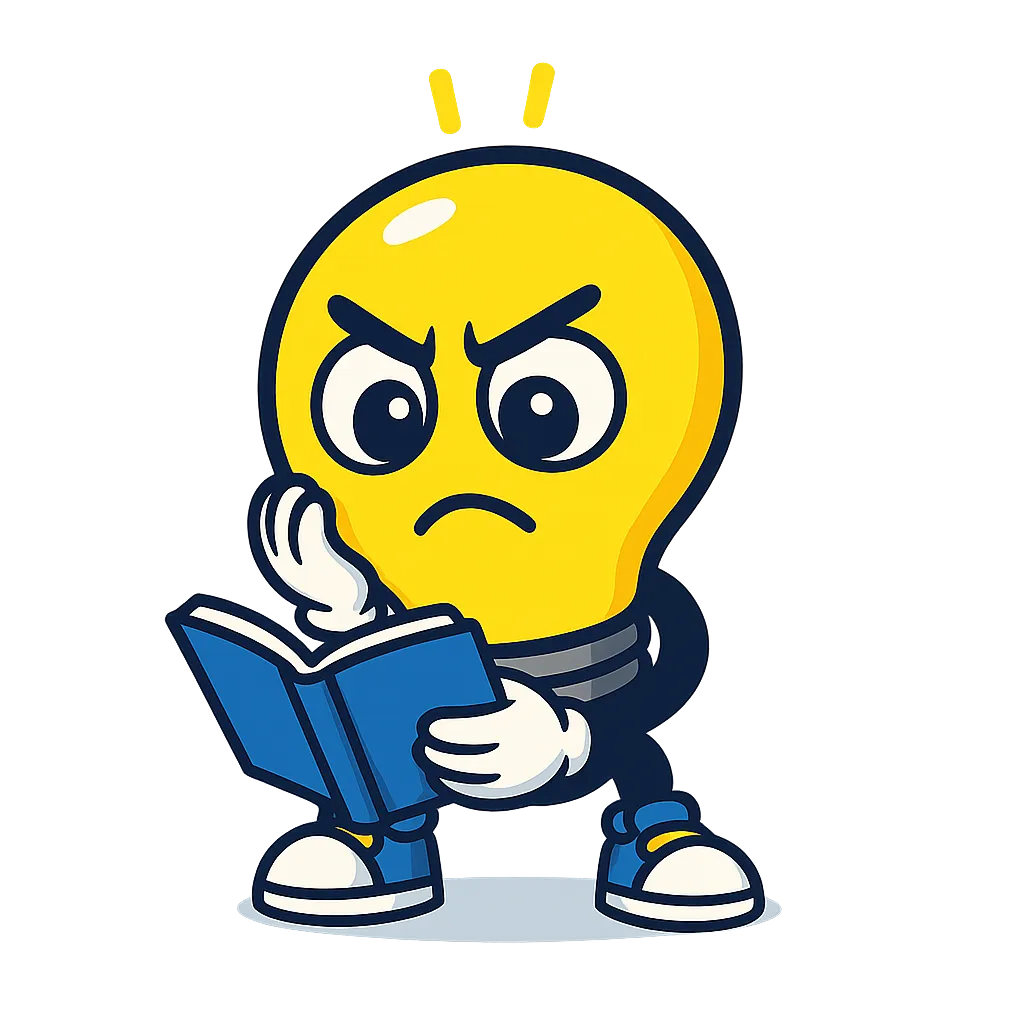 Lightbulb character looking troubled while processing difficult information.