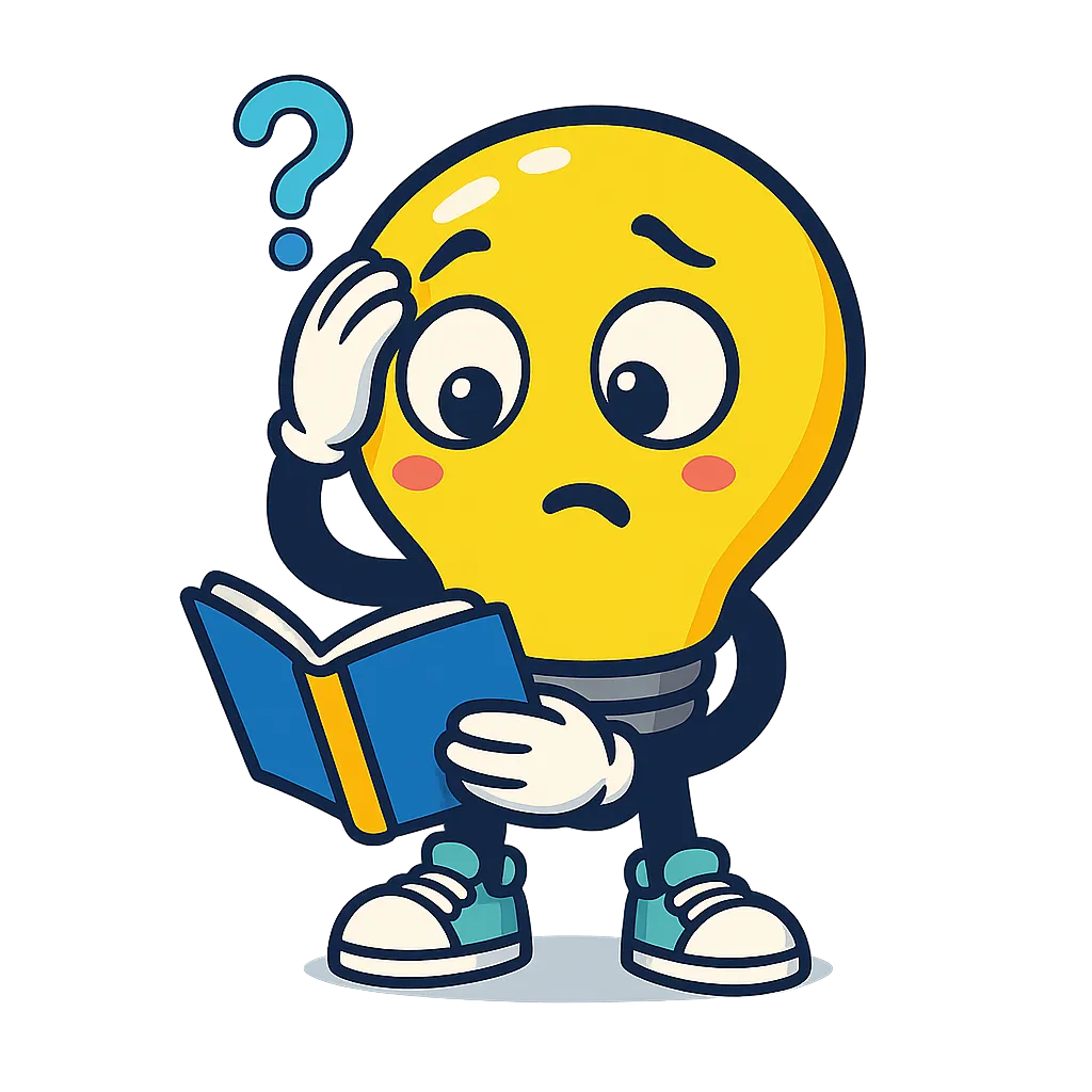 ADHDappi, a cartoon lightbulb character, looking confused while reading a book with a question mark above his head.