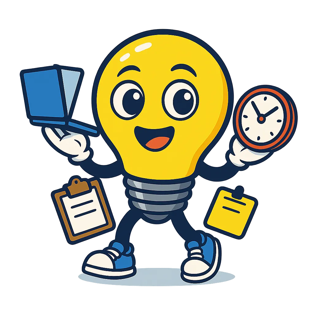 ADHDappi, the cartoon lightbulb character, cheerfully juggling a laptop, clock, clipboard, and sticky note, symbolising time management and productivity.