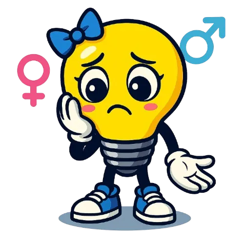 Confused lightbulb character with a blue bow, standing between male and female gender symbols, looking uncertain and conflicted about identity.