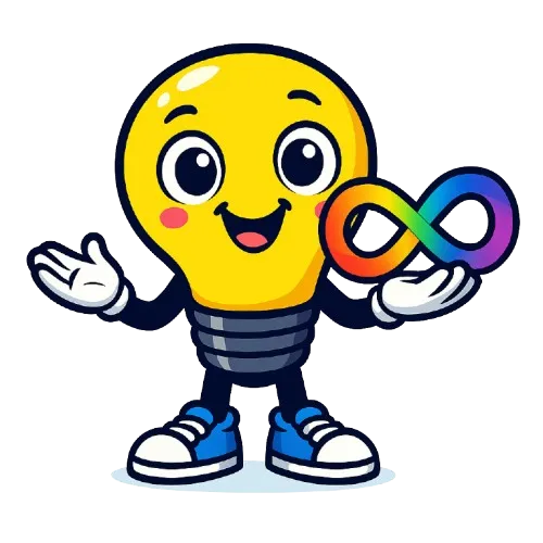 Cutle make ADHDappi character, yellow lightbulb holding a multi-coloured infinity symbol representing ADHD and autism