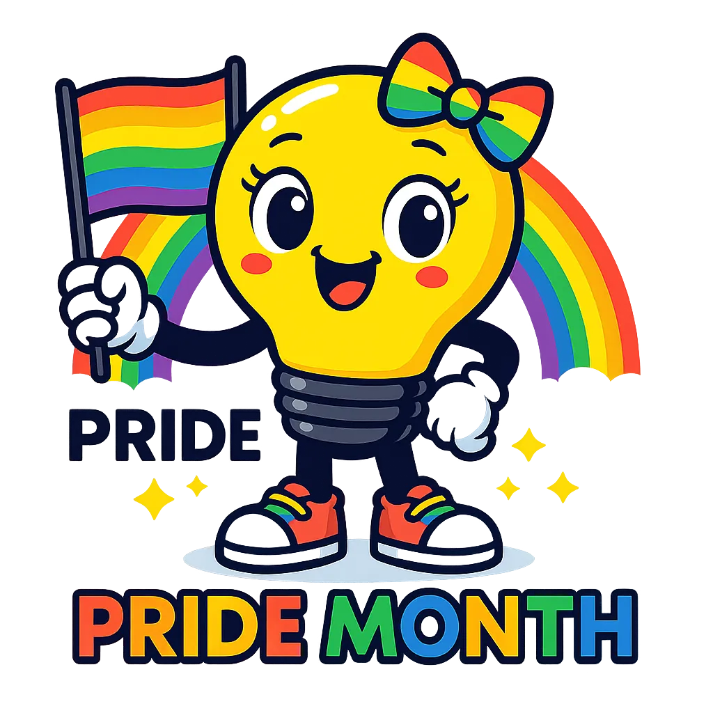 Cute, anthropomorphic lightbulb character celebrating Pride Month 2025, wearing a rainbow bow and rainbow-striped shoes, holding a rainbow flag, with the words ‘Pride’ and ‘Pride Month’ displayed in bright, cheerful colours