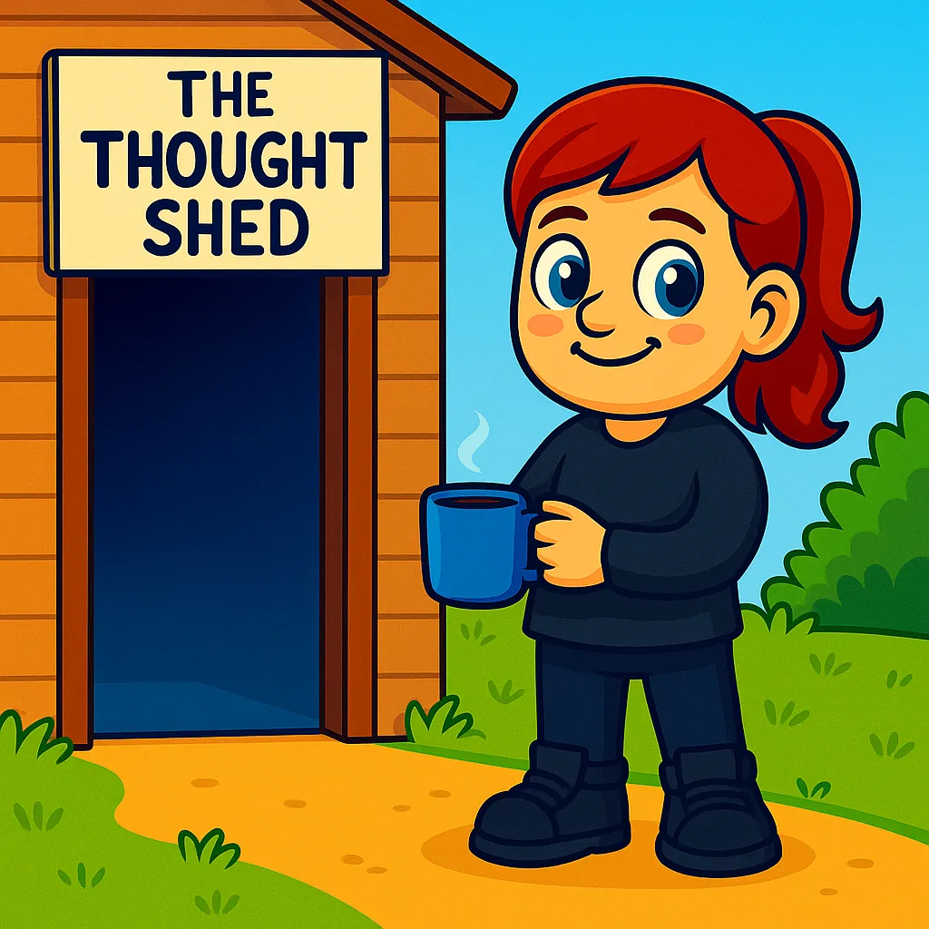 Cartoon of a friendly red-haired person holding a coffee mug, ADHD Support Session standing outside a wooden shed with a sign that says “The Thought Shed.” The scene is bright and welcoming with blue skies, green bushes, and a sunny path.