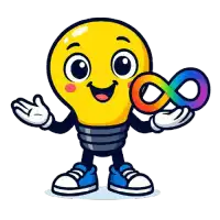 Cute male ADHDappi character, yellow light bulb holding a multi coloured infinity symbol representing autism