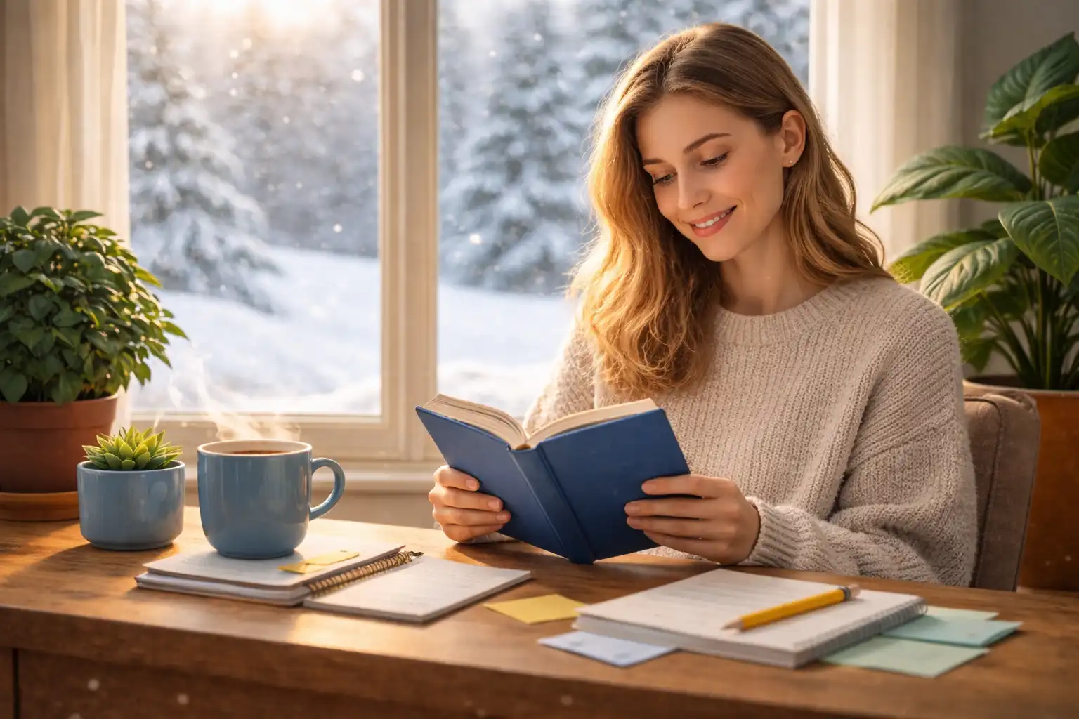 Neurodivergent adult reading quietly by a window in winter, reflecting rest and recovery after January burnout