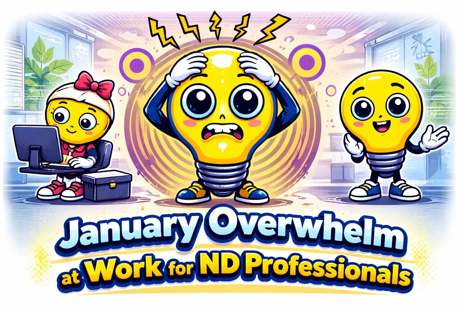 Illustration showing an overwhelmed lightbulb character at a desk, representing January work overload for ND professionals