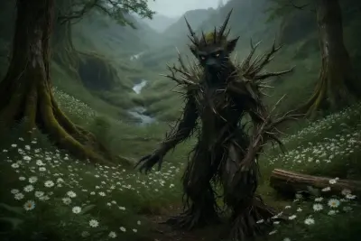 Galgy small toy-like protector creature with spiky branches, ready to grow and defend in enchanted woodland, representing ADHD side of AuDHD