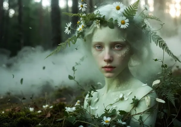 Mimmim delicate forest sprite with daisy crown, quiet wise presence hiding in enchanted woodland, representing autism side of AuDHD